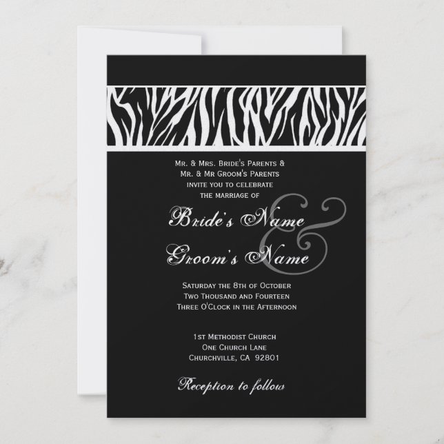 Invitation Papier métallique Mariage noir et blanc Zèbre (Devant)