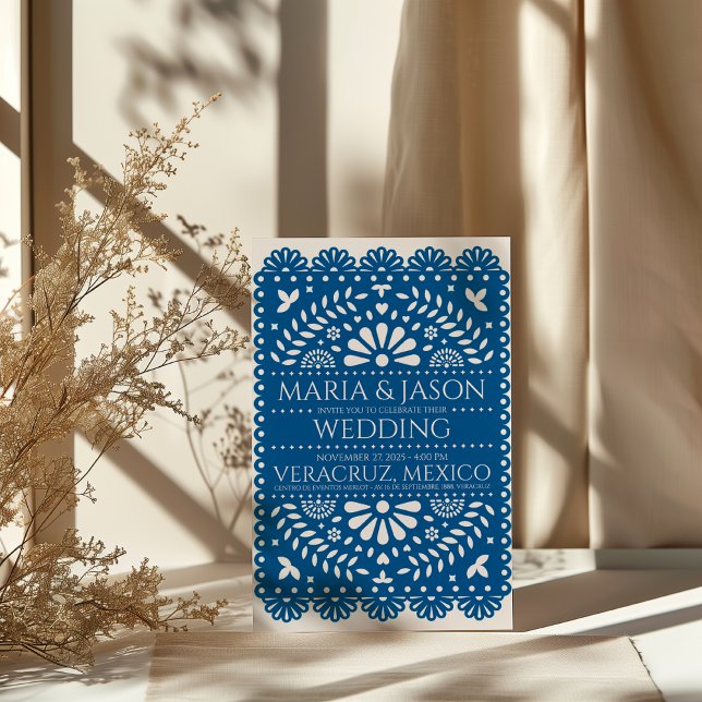 Invitation Papier mexicain Picado Blue Folk Art Boda Mariage (Mexican Papel Picado Blue Folk Art Boda Wedding Invitation)