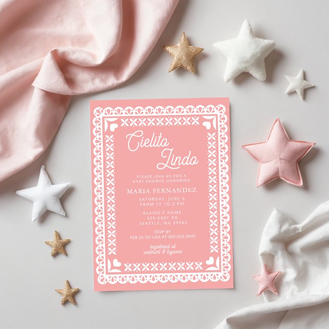 Invitation Papier mexicain Picado Cielito Lindo Baby shower (Pink Mexican Papel Picado Cielito Lindo Baby Shower Invitation)