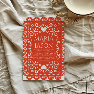 Invitation Papier mexicain Picado Orange Blanc Mariage d'art 