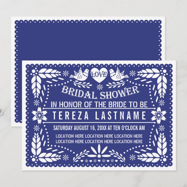 Invitation Papier picado oiseaux bleu foncé mariage douche nu (Devant / Derrière)