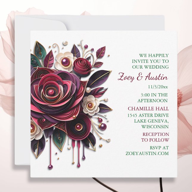 Invitation Papier Quilling Bourgogne Roses et perles (Créateur téléchargé)