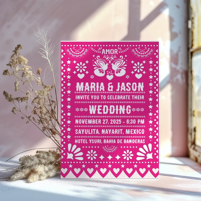 Invitation Papier rose mexicain Picado Fiesta Mariage d'art p (Mexican Pink Papel Picado Fiesta Folk Art Wedding Invitation)