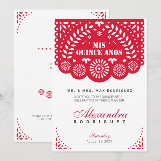 Invitation Papier rouge Picado Mis Quince Años (Devant / Derrière)