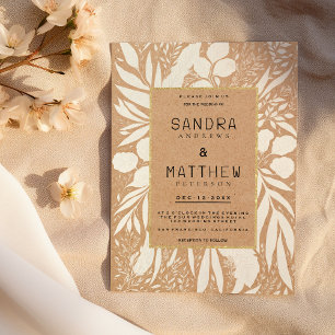 Invitation Papier rustique brun blanc or Mariage floral