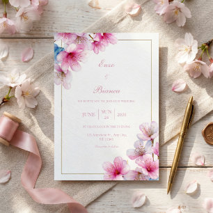 Invitation Papier Texturé Rose Sakura Cadre Mariage Doré