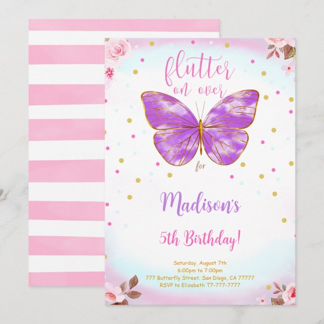 Invitation papillon 5e anniversaire (Devant / Derrière)
