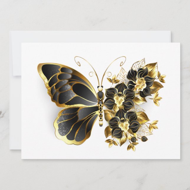 Invitation Papillon à fleurs d'or avec orchidée noire (Devant)