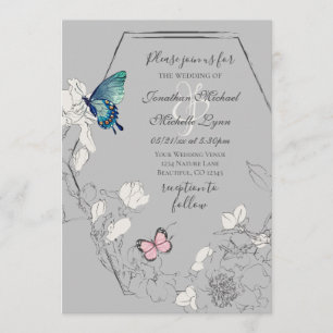 Invitation Papillon aquarelle et Mariage géométrique Fleur