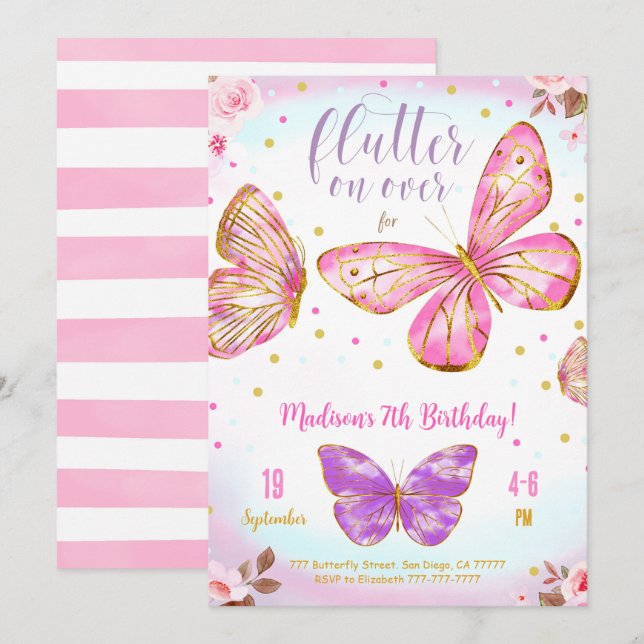 Invitation Papillon Aquarelle Rose (Devant / Derrière)