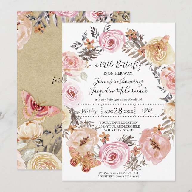 Invitation Papillon Aquarelle Wreath rose Floral Baby Girl (Devant / Derrière)