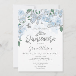 Invitation Papillon argent bleu poussiéreux Quinceanera