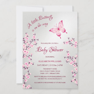 Invitation Papillon argent rose | Fille Baby Shower 