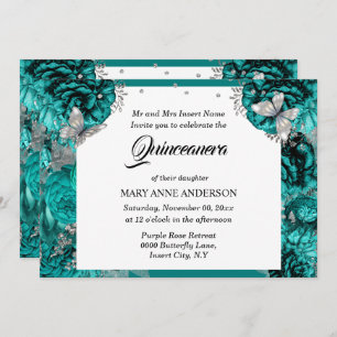 Invitation papillon argenté turquoise élégant rose quinceaner