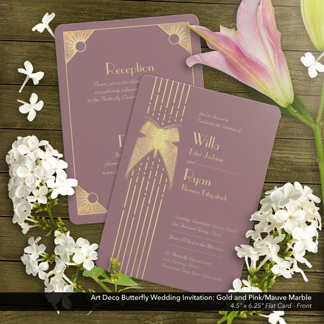 Invitation Papillon Art déco Mariage rose et or (Art Deco Butterfly Pink and Gold Wedding Invitation - Front)