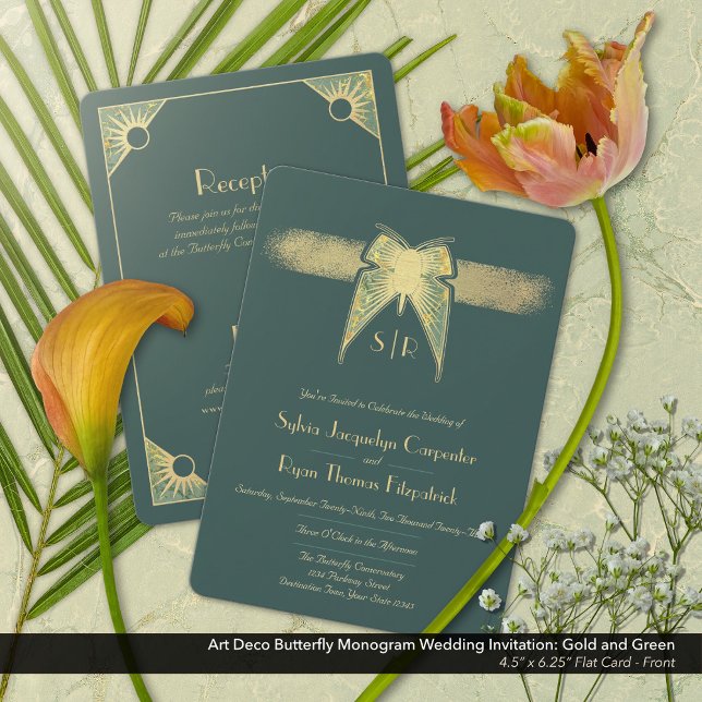 Invitation Papillon Art Déco Monogramme Mariage Or Vert (Art Deco Butterfly Monogram Green Gold Wedding Invitation - Front)