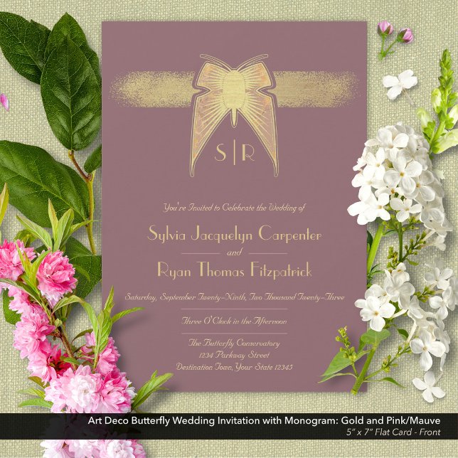 Invitation Papillon Art déco Monogramme Mariage rose et or (Art Deco Butterfly Monogram Pink/Mauve and Gold Wedding Invitation - Front)