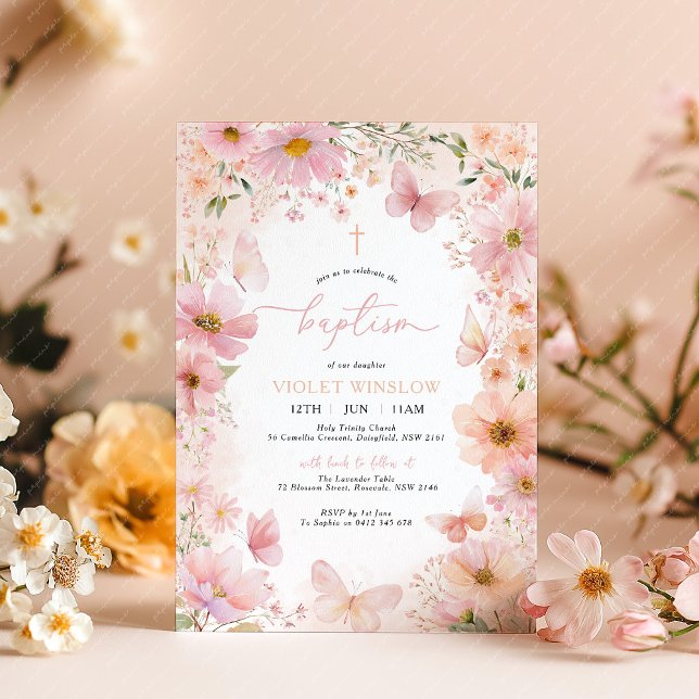Invitation Papillon Baptême Floral Rose Pêche fille (Pink Peach Floral Baptism Invitation. Pretty floral Christening invitation with flowers & butterfly)