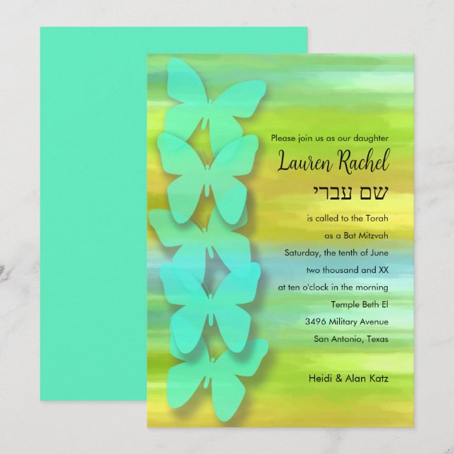 Invitation Papillon bat mitzvah Aquarelle Bleu Vert Jaune (Devant / Derrière)