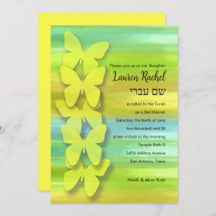 Invitation Papillon bat mitzvah Aquarelle Bleu Vert Jaune