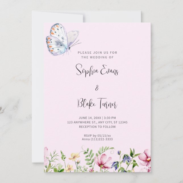 Invitation Papillon blanc et Mariage rose pâle Fleur sauvage (Devant)