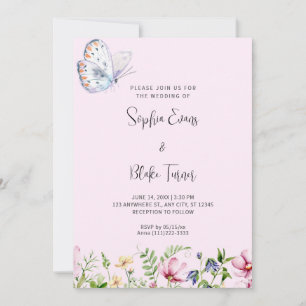 Invitation Papillon blanc et Mariage rose pâle Fleur sauvage