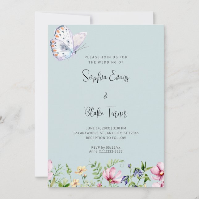 Invitation Papillon blanc et Mariage vert doux Fleur sauvage (Devant)