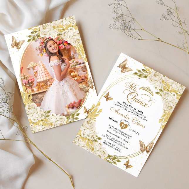 Invitation Papillon blanc floral or photo Quinceañera (Créateur téléchargé)