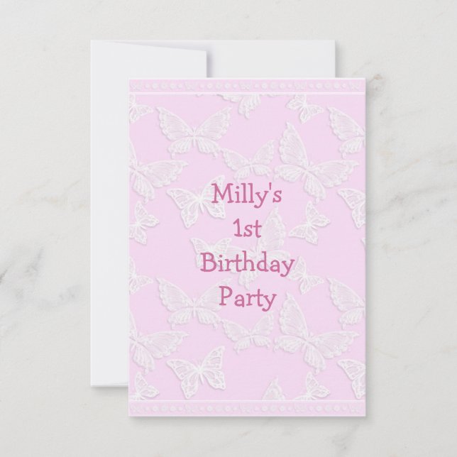 Invitation Papillon blanc jolie rose 1er anniversaire (Devant)
