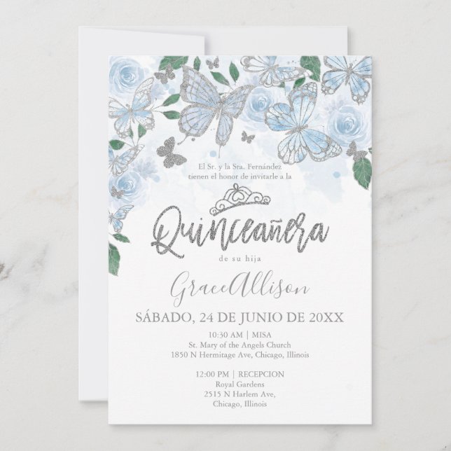 Invitation Papillon bleu argent Dusty Quinceanera (Devant)