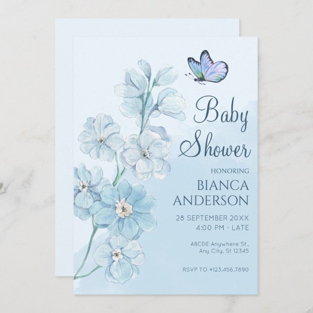 Invitation Papillon bleu Baby shower aquarelle (Devant / Derrière)