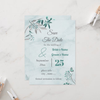 Invitation papillon bleu feuilles florales enregistrer la dat