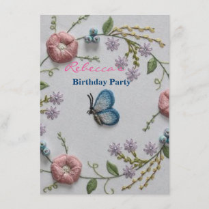 Invitation papillon bleu floral de broderie rose verte en bon