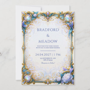 Invitation Papillon Bleu Iridescent Cadre Doré Mariage