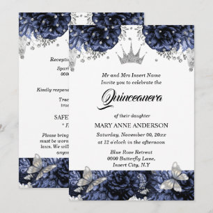 Invitation Papillon bleu tiara bleu rose quinceanera
