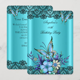 Invitation Papillon bleu turquoise Floral Black Lace Annivers
