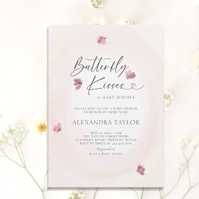 Invitation Papillon Blush Tender Aquarelle Bébé Fille Douche (butterfly baby shower theme girl invitation watercolor whimsical sprinkles garden tea backyard)