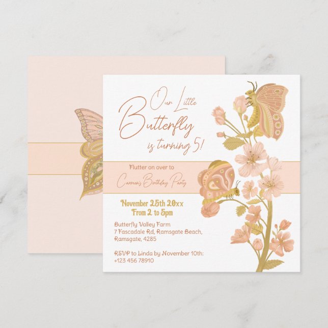 Invitation Papillon Boho Rose jolie fête d'anniversaire enfan (Devant / Derrière)