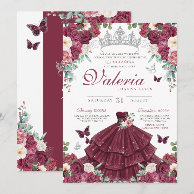 Invitation Papillon Bourgogne Rouge Argent Floral Quinceañera (Devant / Derrière)