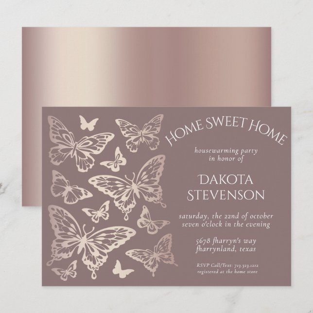 Invitation Papillon Chic Ménage | Or Rose de cuivre (Devant / Derrière)