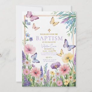 Invitation Papillon coloré Fille Baptême Croix d'or Fleurs