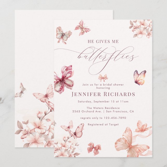 Invitation Papillon Coquette | Fête des mariées élégante (Devant / Derrière)