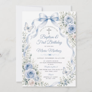Invitation Papillon de baptême et 1er anniversaire à fleurs b