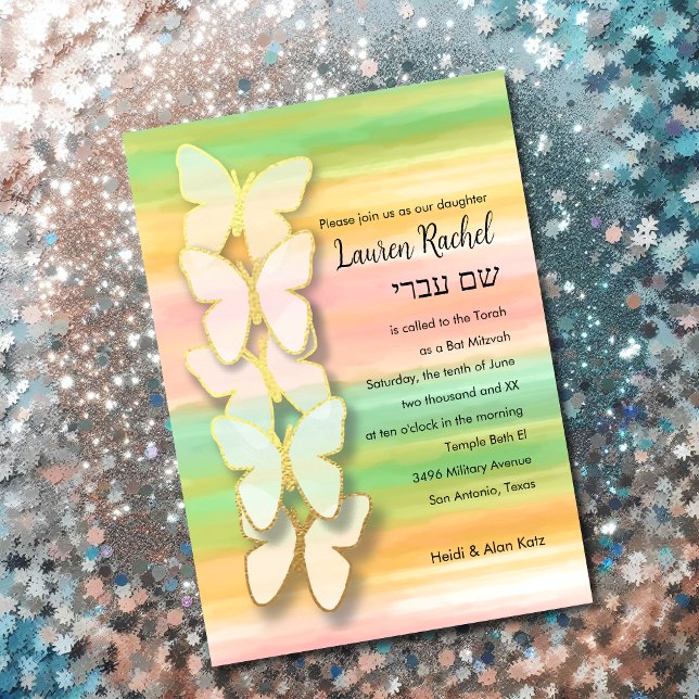 Invitation Papillon de Bat Mitzvah rose vert pêche aquarelle (Créateur téléchargé)