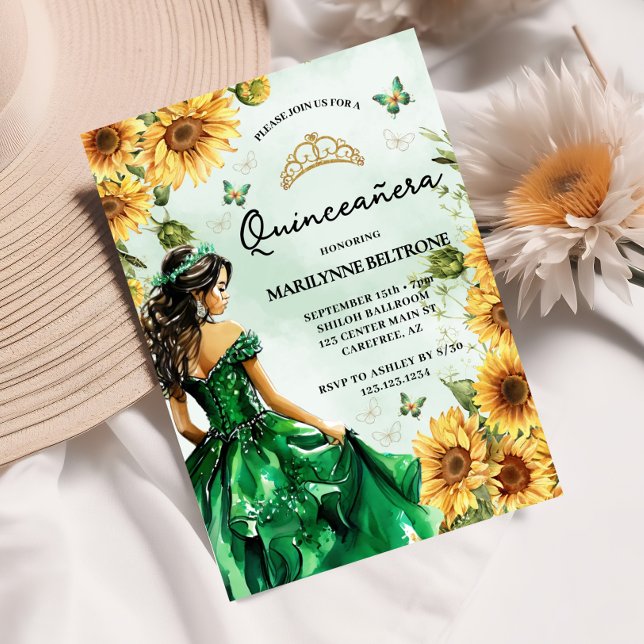 Invitation Papillon de tournesol vert Princesse Quinceañera (Créateur téléchargé)