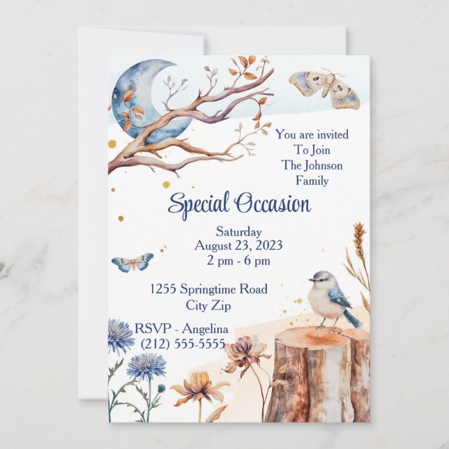 Invitation Papillon d'été Oiseau Bleu Lune Floral Joli (Devant)