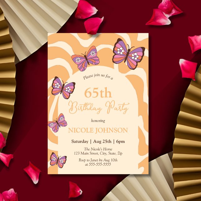 Invitation Papillon d'onde rétro Pêche orange Anniversaire (Créateur téléchargé)
