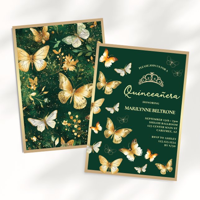 Invitation Papillon d'or Emerald Green Quinceañera (Créateur téléchargé)