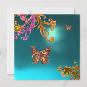 INVITATION PAPILLON D'OR TEAL AQUA  BLEU AQUAMARINE PIERRE PR