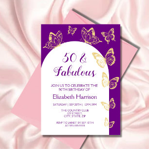 Invitation Papillon d'or violet moderne Fabuleux anniversaire